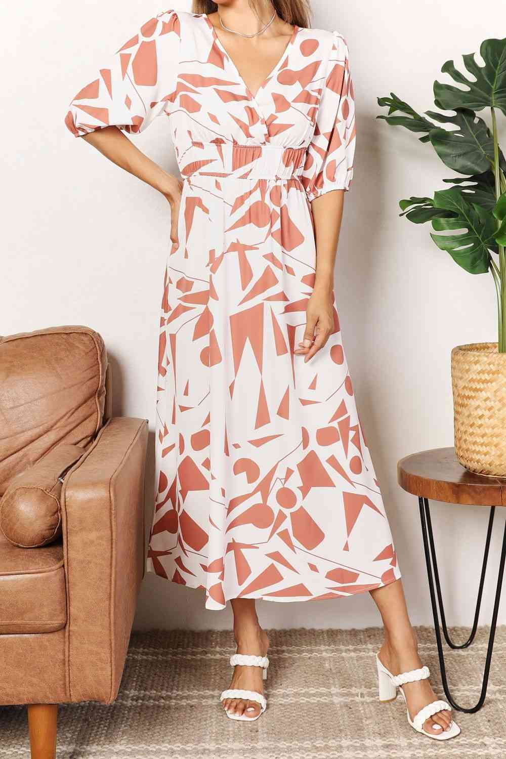 Double Take Printed Surplice Balloon Sleeve Dress - Rochelle's House LLC