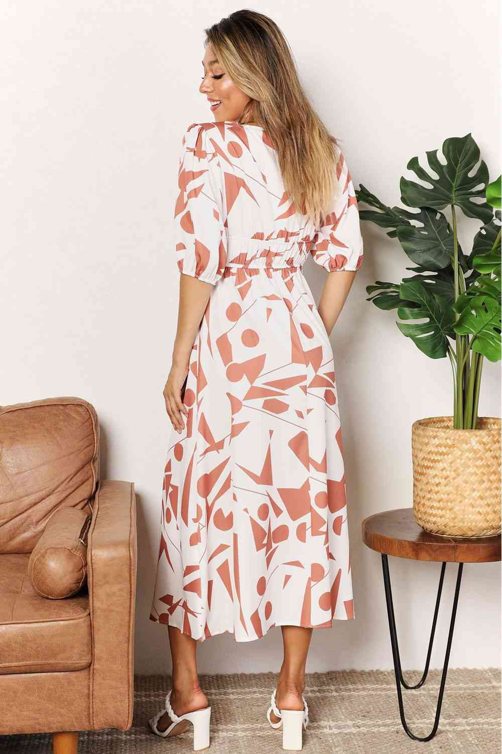 Double Take Printed Surplice Balloon Sleeve Dress - Rochelle's House LLC