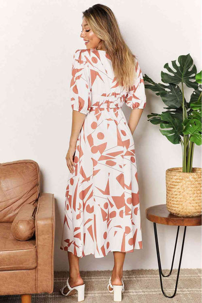 Double Take Printed Surplice Balloon Sleeve Dress - Rochelle's House LLC