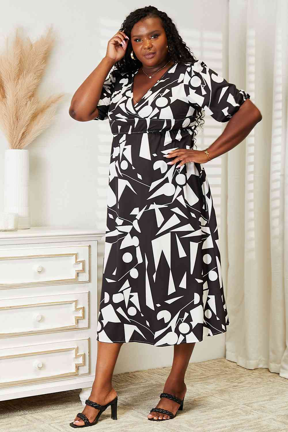 Double Take Printed Surplice Balloon Sleeve Dress - Rochelle's House LLC