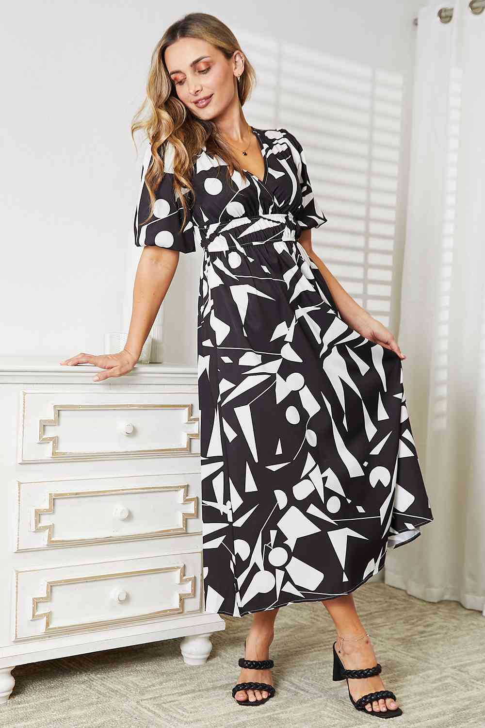 Double Take Printed Surplice Balloon Sleeve Dress - Rochelle's House LLC