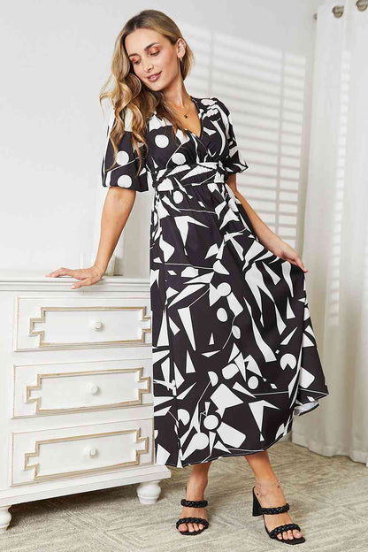 Double Take Printed Surplice Balloon Sleeve Dress - Rochelle's House LLC