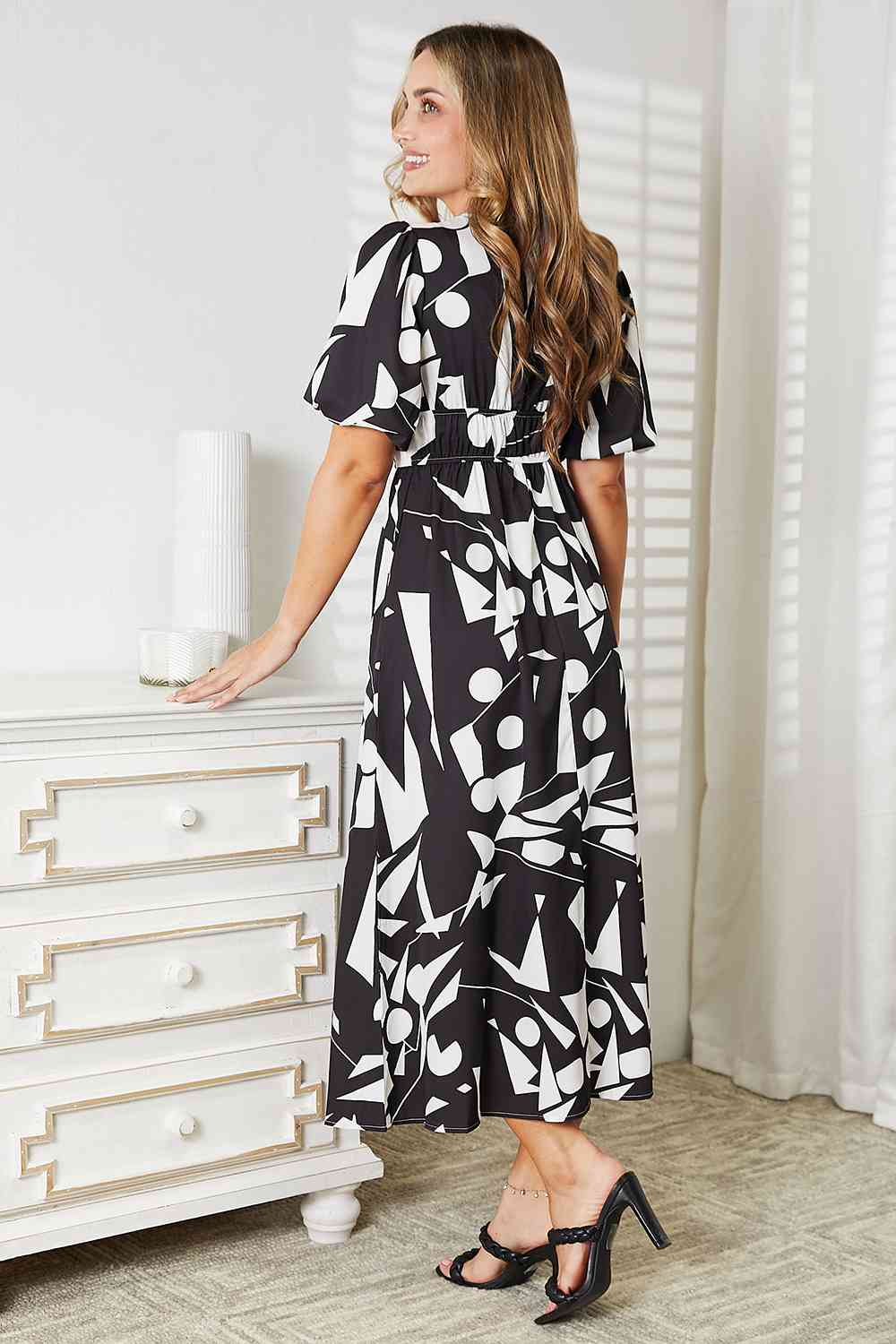 Double Take Printed Surplice Balloon Sleeve Dress - Rochelle's House LLC