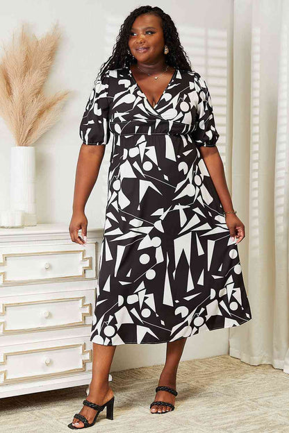 Double Take Printed Surplice Balloon Sleeve Dress - Rochelle's House LLC
