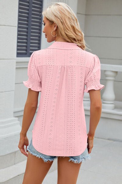 Eyelet Johnny Collar Short Sleeve Blouse - Rochelle's House LLC