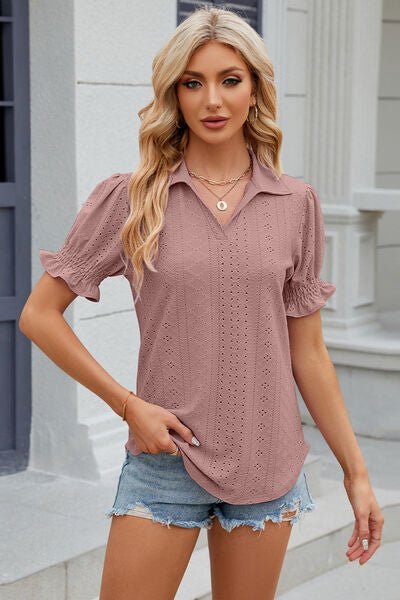 Eyelet Johnny Collar Short Sleeve Blouse - Rochelle's House LLC