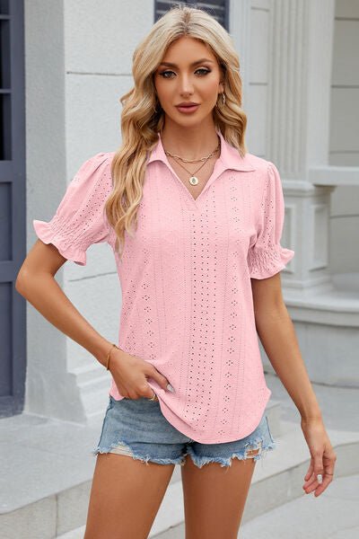 Eyelet Johnny Collar Short Sleeve Blouse - Rochelle's House LLC