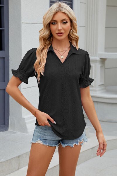 Eyelet Johnny Collar Short Sleeve Blouse - Rochelle's House LLC