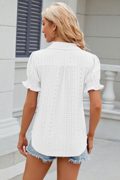 Eyelet Johnny Collar Short Sleeve Blouse - Rochelle's House LLC