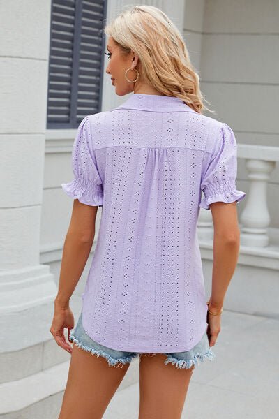 Eyelet Johnny Collar Short Sleeve Blouse - Rochelle's House LLC