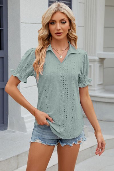 Eyelet Johnny Collar Short Sleeve Blouse - Rochelle's House LLC