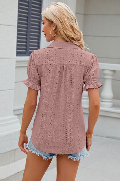 Eyelet Johnny Collar Short Sleeve Blouse - Rochelle's House LLC