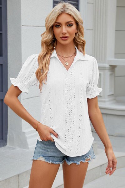 Eyelet Johnny Collar Short Sleeve Blouse - Rochelle's House LLC