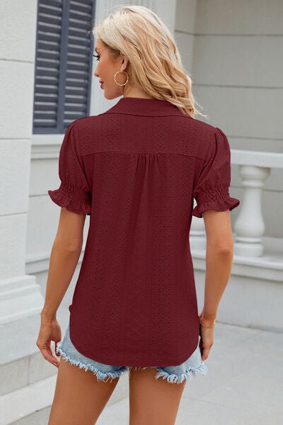 Eyelet Johnny Collar Short Sleeve Blouse - Rochelle's House LLC