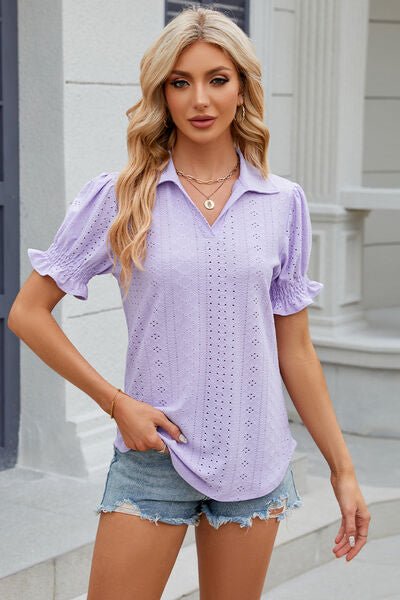 Eyelet Johnny Collar Short Sleeve Blouse - Rochelle's House LLC