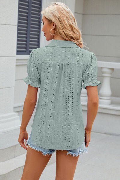 Eyelet Johnny Collar Short Sleeve Blouse - Rochelle's House LLC