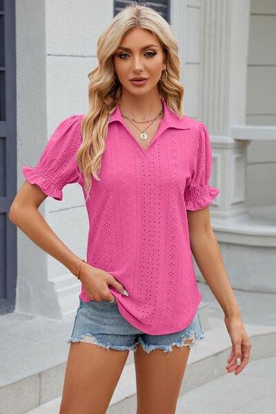 Eyelet Johnny Collar Short Sleeve Blouse - Rochelle's House LLC