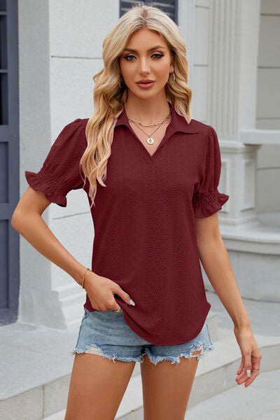 Eyelet Johnny Collar Short Sleeve Blouse - Rochelle's House LLC