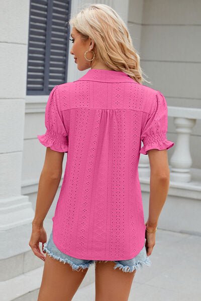 Eyelet Johnny Collar Short Sleeve Blouse - Rochelle's House LLC