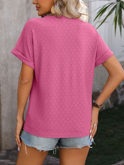 Eyelet Notched Short Sleeve T-Shirt - Rochelle's House LLC
