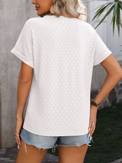 Eyelet Notched Short Sleeve T-Shirt - Rochelle's House LLC