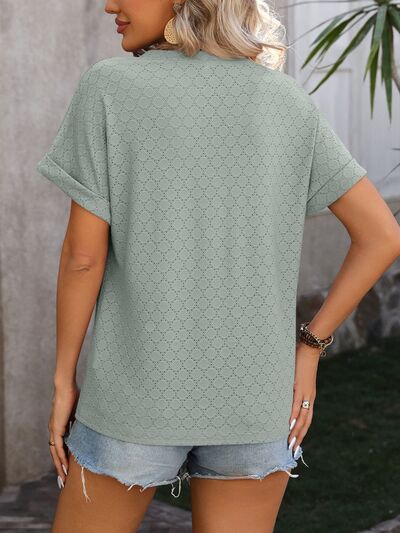 Eyelet Notched Short Sleeve T-Shirt - Rochelle's House LLC
