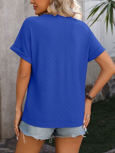 Eyelet Notched Short Sleeve T-Shirt - Rochelle's House LLC