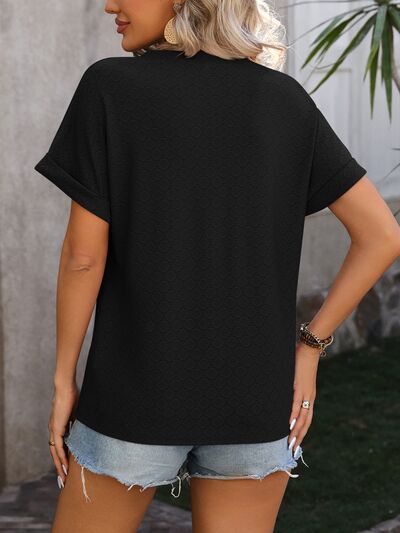Eyelet Notched Short Sleeve T-Shirt - Rochelle's House LLC