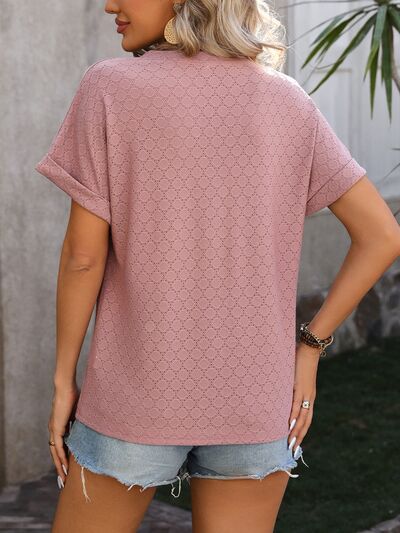 Eyelet Notched Short Sleeve T-Shirt - Rochelle's House LLC