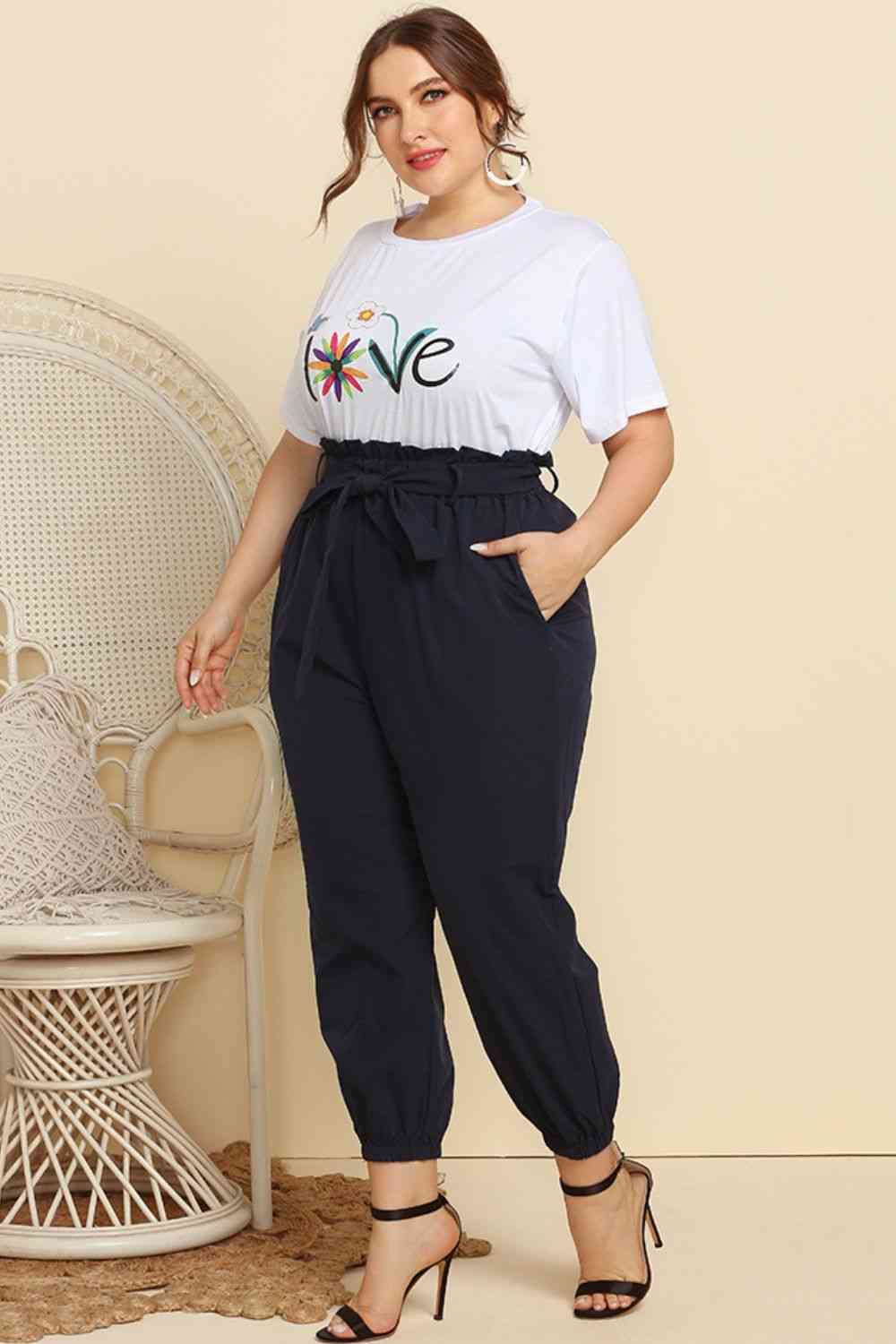 Graphic Tee and Belted Paperbag Joggers Set - Rochelle's House LLC