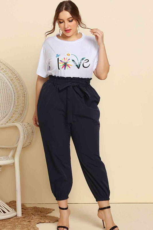 Graphic Tee and Belted Paperbag Joggers Set - Rochelle's House LLC