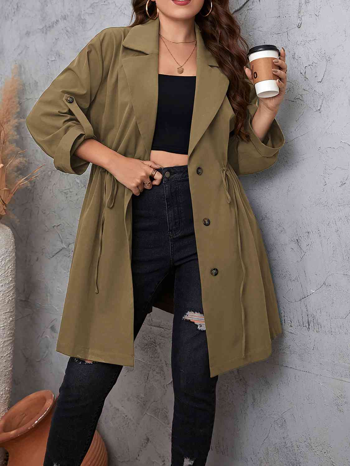 Lapel Collar Drawstring Roll - Tab Sleeve Trench Coat - Rochelle's House LLC