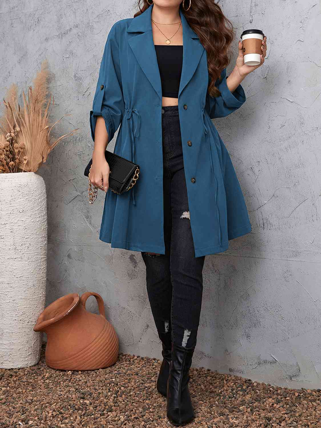 Lapel Collar Drawstring Roll - Tab Sleeve Trench Coat - Rochelle's House LLC