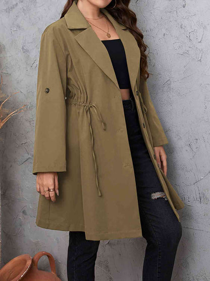 Lapel Collar Drawstring Roll - Tab Sleeve Trench Coat - Rochelle's House LLC