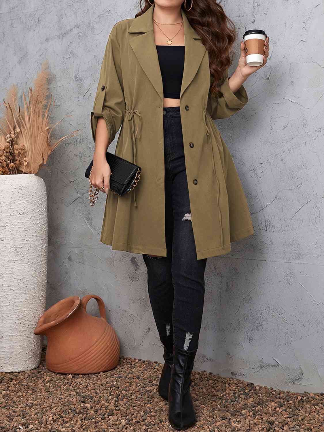 Lapel Collar Drawstring Roll - Tab Sleeve Trench Coat - Rochelle's House LLC