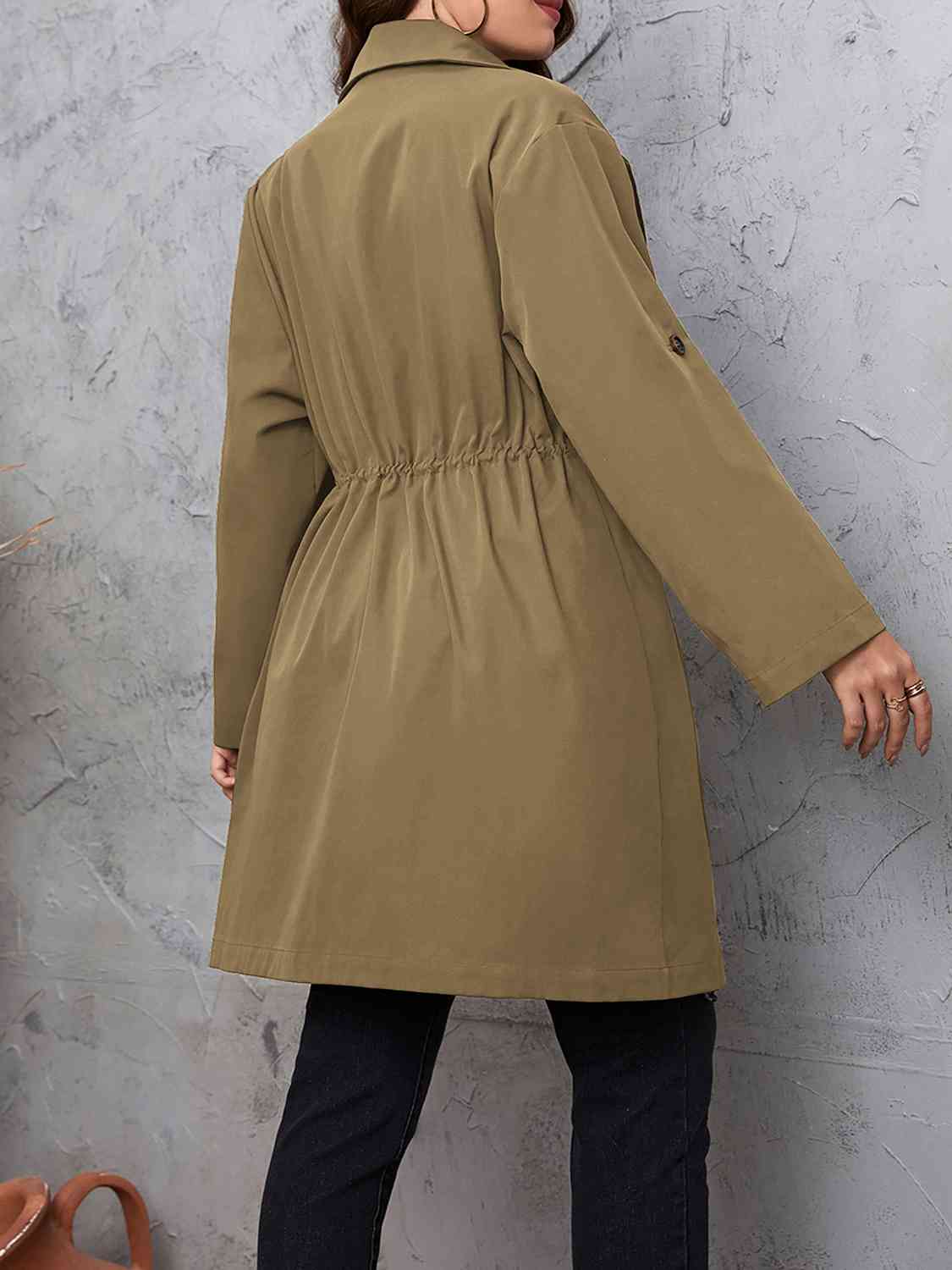 Lapel Collar Drawstring Roll - Tab Sleeve Trench Coat - Rochelle's House LLC
