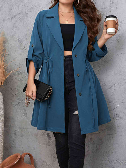 Lapel Collar Drawstring Roll - Tab Sleeve Trench Coat - Rochelle's House LLC