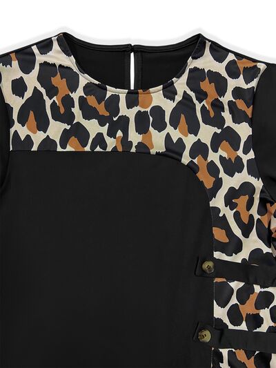 Leopard Round Neck Long Sleeve Dress - Rochelle's House LLC