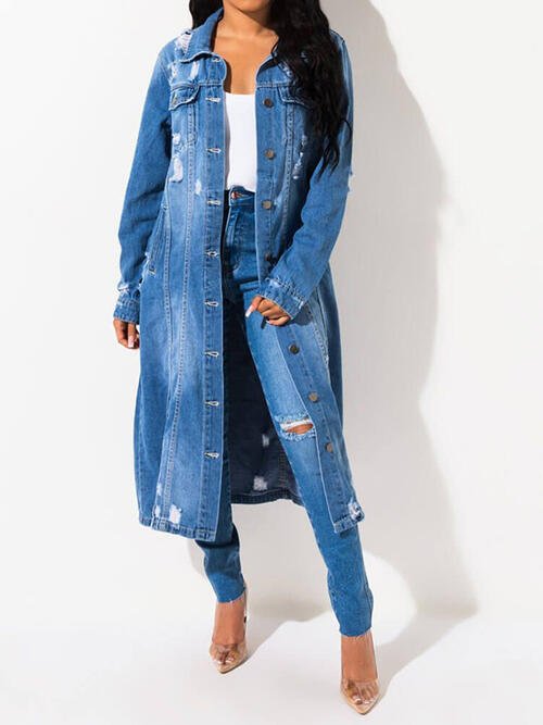 Long Sleeve Raw Hem Denim Jacket - Rochelle's House LLC