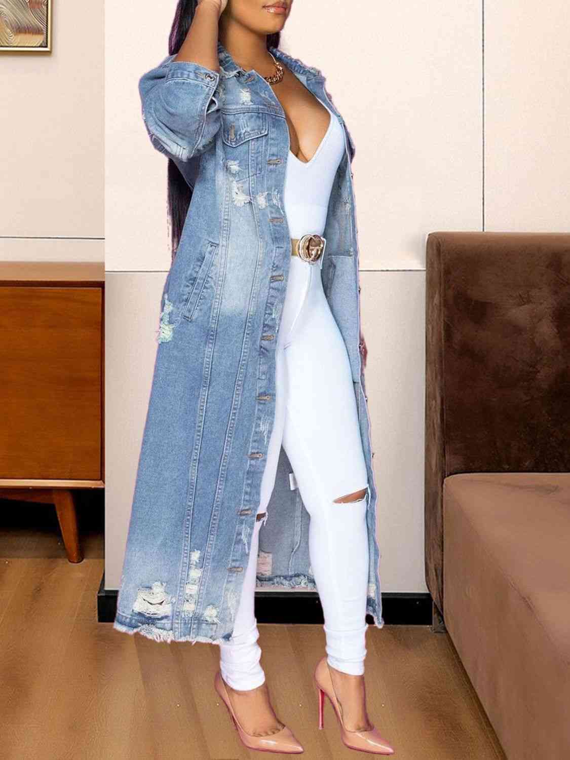 Long Sleeve Raw Hem Denim Jacket - Rochelle's House LLC