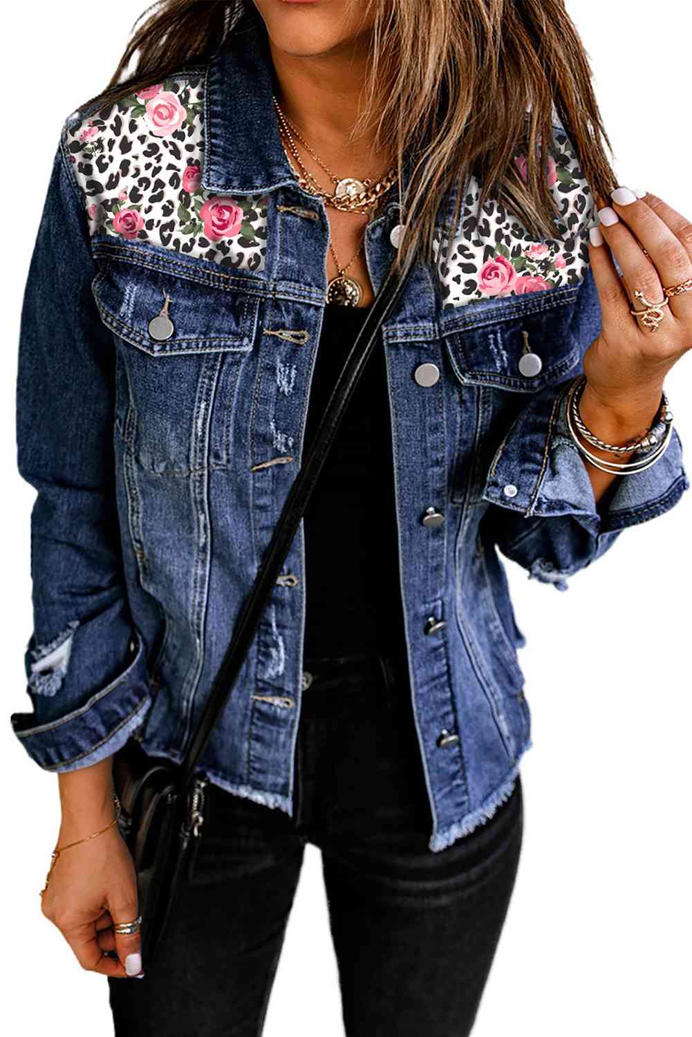Mixed Print Distressed Button Front Denim Jacket - Rochelle's House LLC