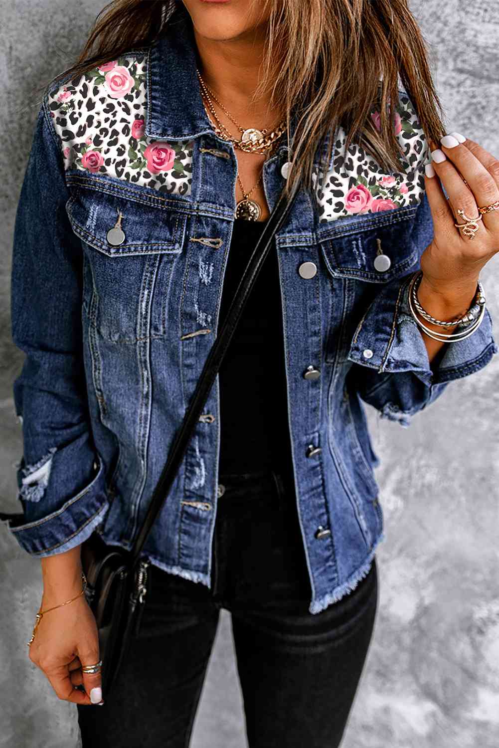 Mixed Print Distressed Button Front Denim Jacket - Rochelle's House LLC