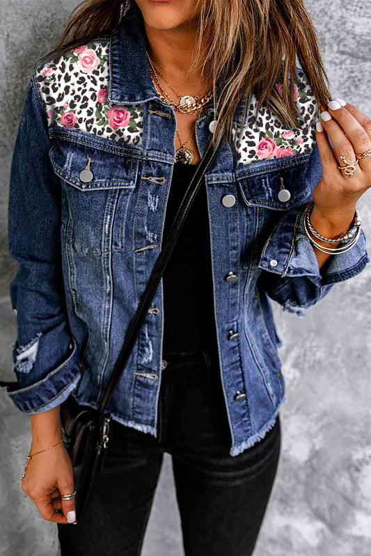 Mixed Print Distressed Button Front Denim Jacket - Rochelle's House LLC