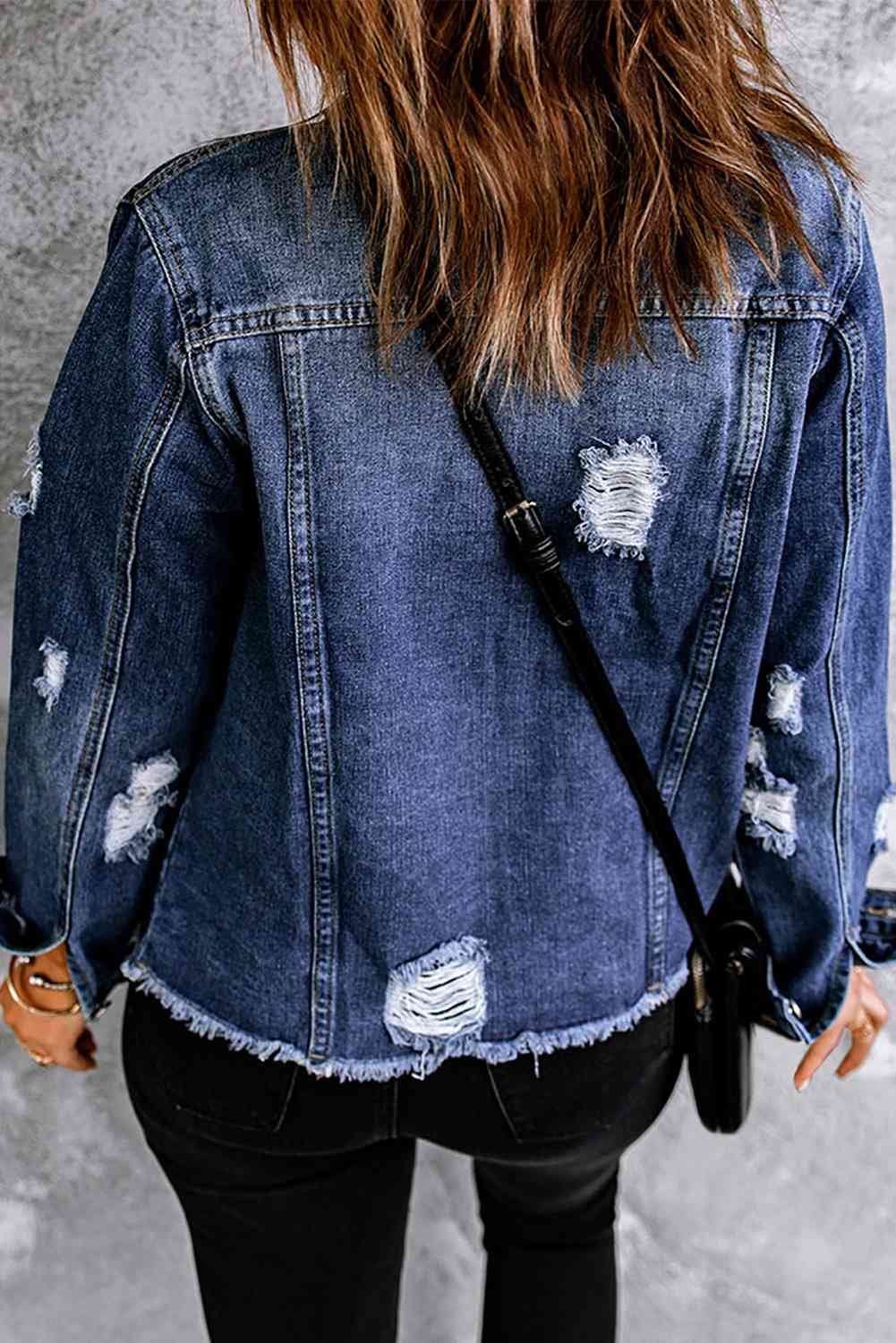 Mixed Print Distressed Button Front Denim Jacket - Rochelle's House LLC