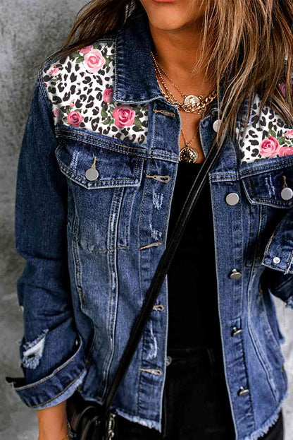 Mixed Print Distressed Button Front Denim Jacket - Rochelle's House LLC