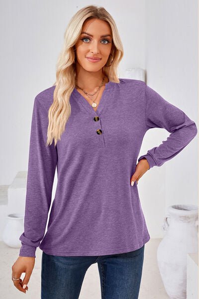 Notched Button Detail Long Sleeve T-Shirt - Rochelle's House LLC