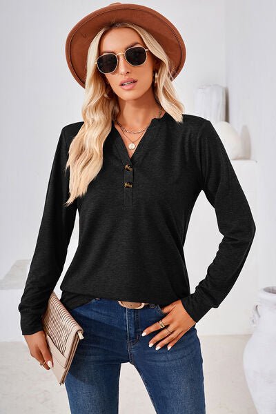 Notched Button Detail Long Sleeve T-Shirt - Rochelle's House LLC
