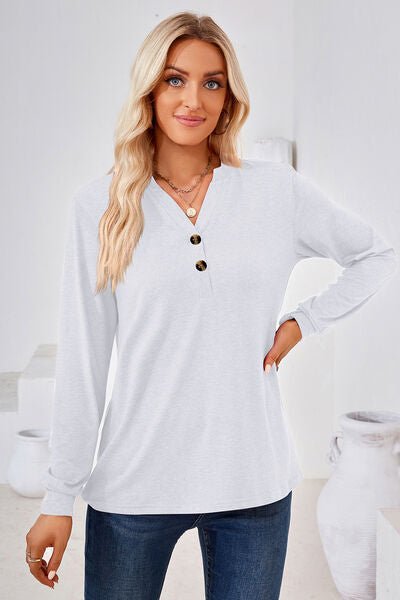 Notched Button Detail Long Sleeve T-Shirt - Rochelle's House LLC