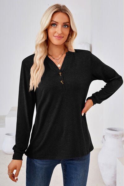 Notched Button Detail Long Sleeve T-Shirt - Rochelle's House LLC