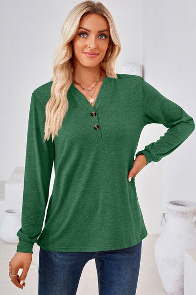 Notched Button Detail Long Sleeve T-Shirt - Rochelle's House LLC